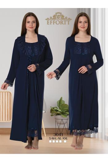 Effortt 3041 LACİVERT Dantelli Sabahlıklı Lohusa Gecelik Takımı